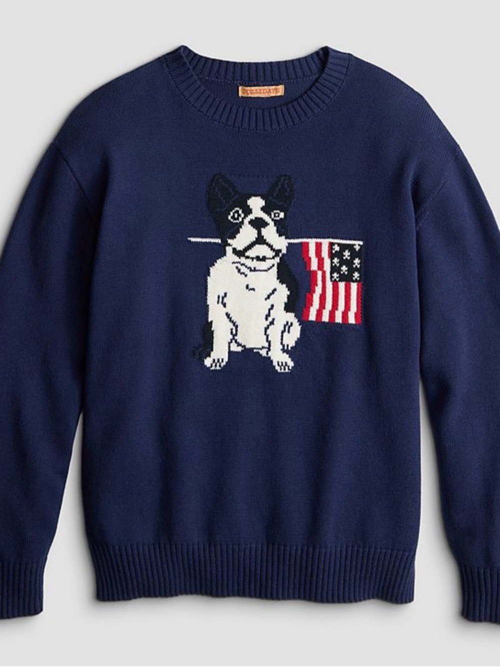 NEW JOLLIDAYS Navy Crewneck Sweater with TERRIER Dog & USA AMERICAN FLAG SZ L